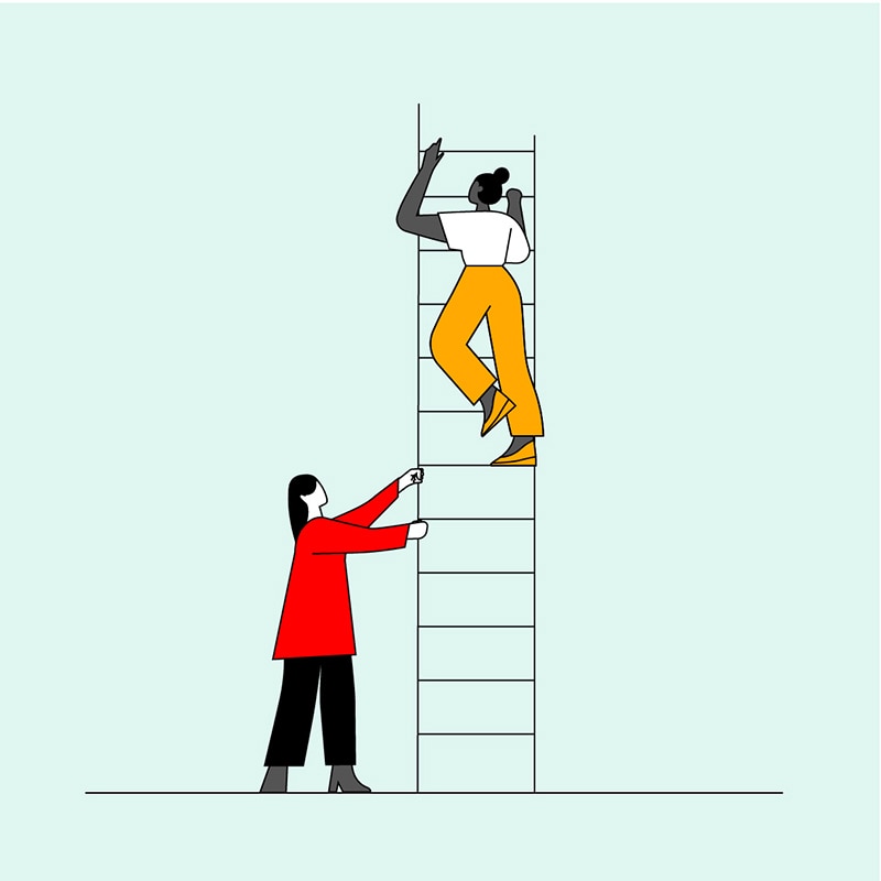 Colorful illustration of a woman climbing up a ladder with another woman holding the ladder