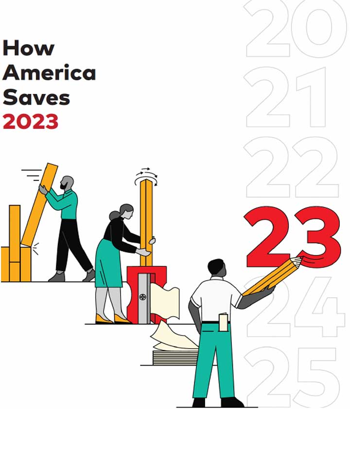 Illustration of figures working on lifesize data with 'How America Saves 2023' text.