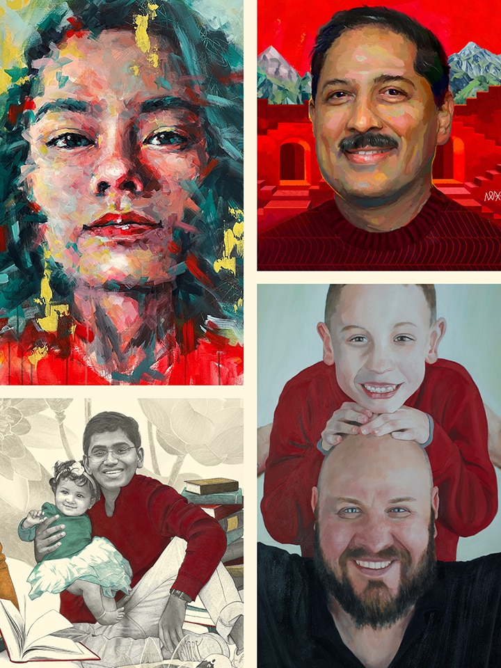 A collage of four paintings depicting a woman, a man, a father and daughter and a father and son 